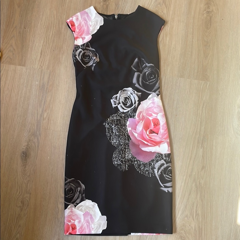 Joseph Ribkoff Black Dress with Pink and White Floral Design